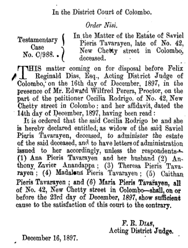 Saviel Pieris Tavarayan Testamentary